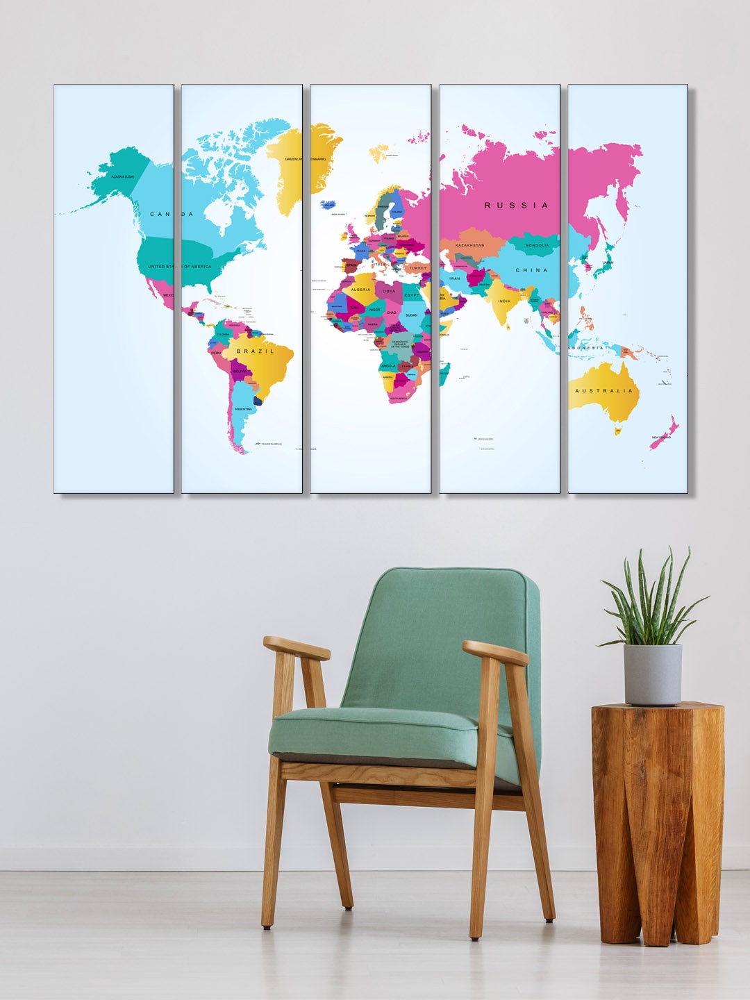 

999Store Set of 5 Blue & Pink Printed World Map Framed Wall Art