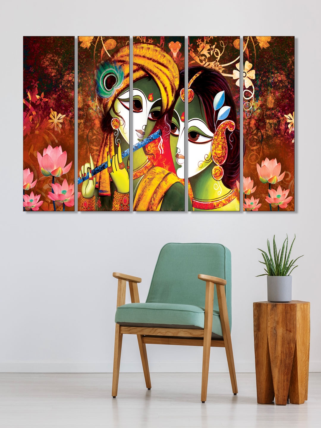 

999Store Set of 5 Brown & Yellow Printed Radha Krishna Framed Wall Art