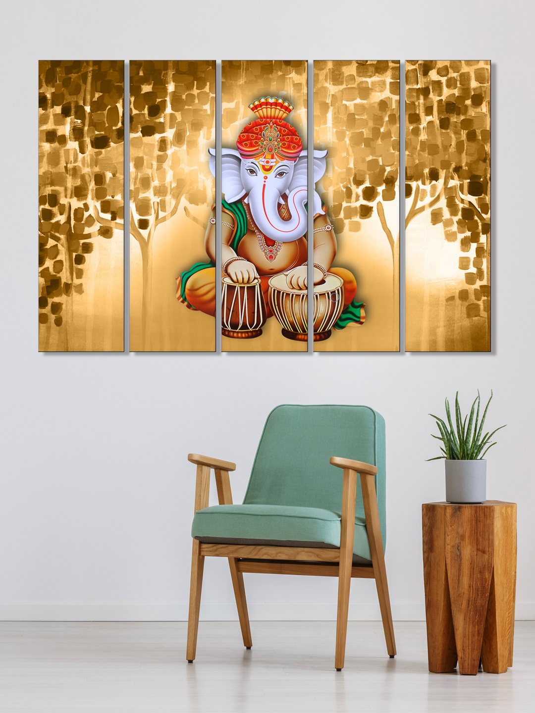 

999Store Set of 5 Brown & Blue Printed Lord Ganesha Framed Wall Art