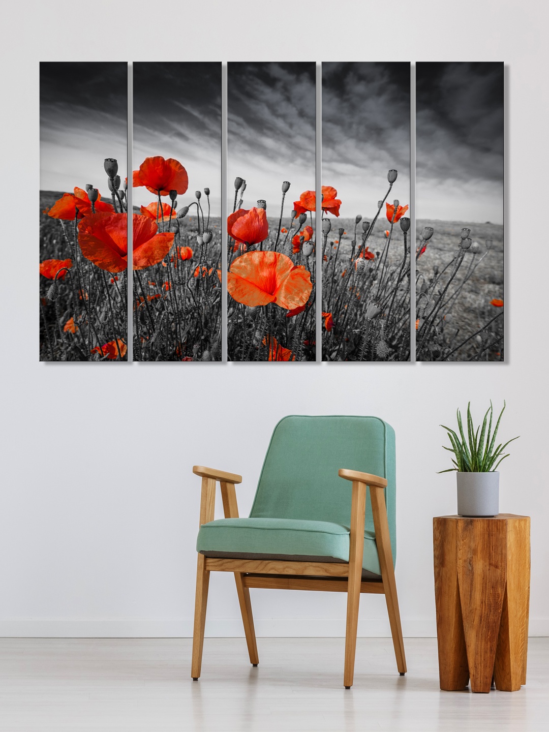 

999Store Set of 5 Black & Orange Printed Red Flowers Framed Wall Art