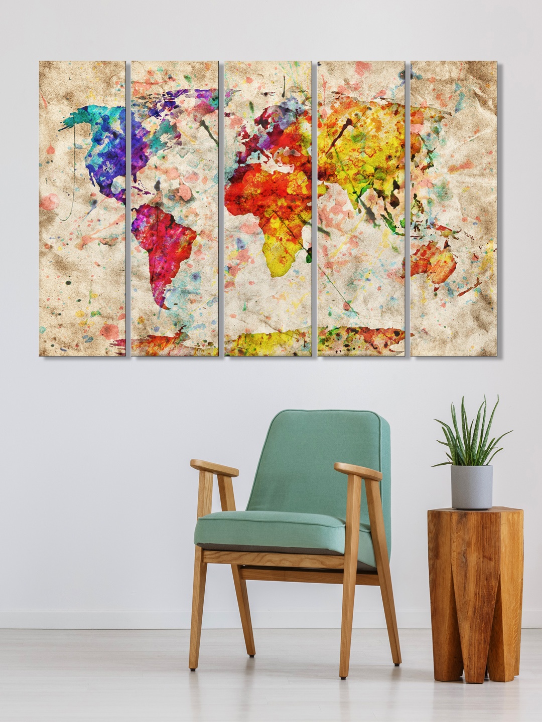 

999Store Set of 5 Beige & Orange Printed World Map Framed Wall Art