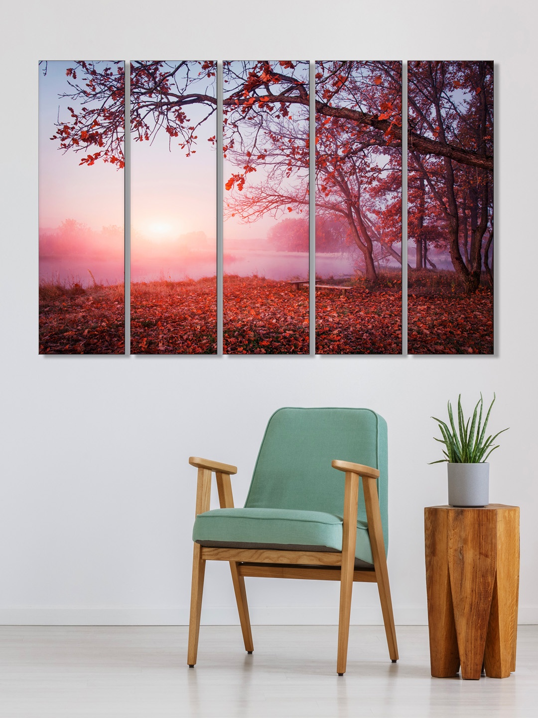 

999Store Set of 5 Red & Pink Printed Autumn Leaves Forest Framed Wall Art