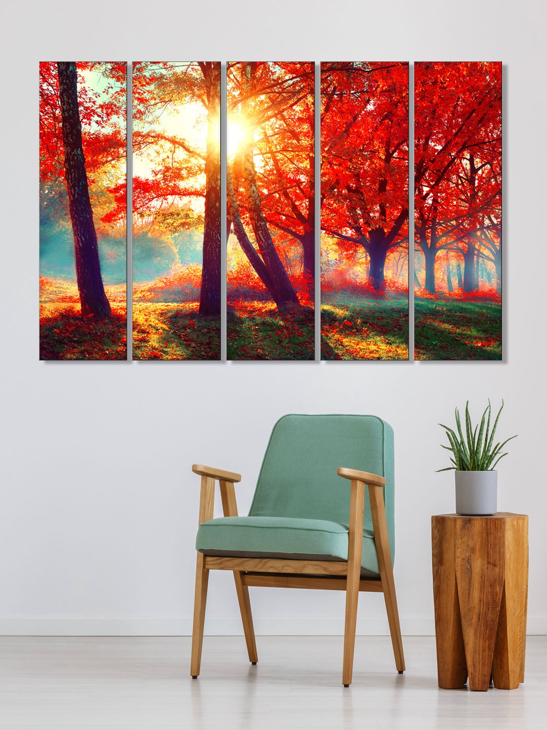 

999Store Set of 5 Orange & Green Printed Leaves Tree Forest Framed Wall Art