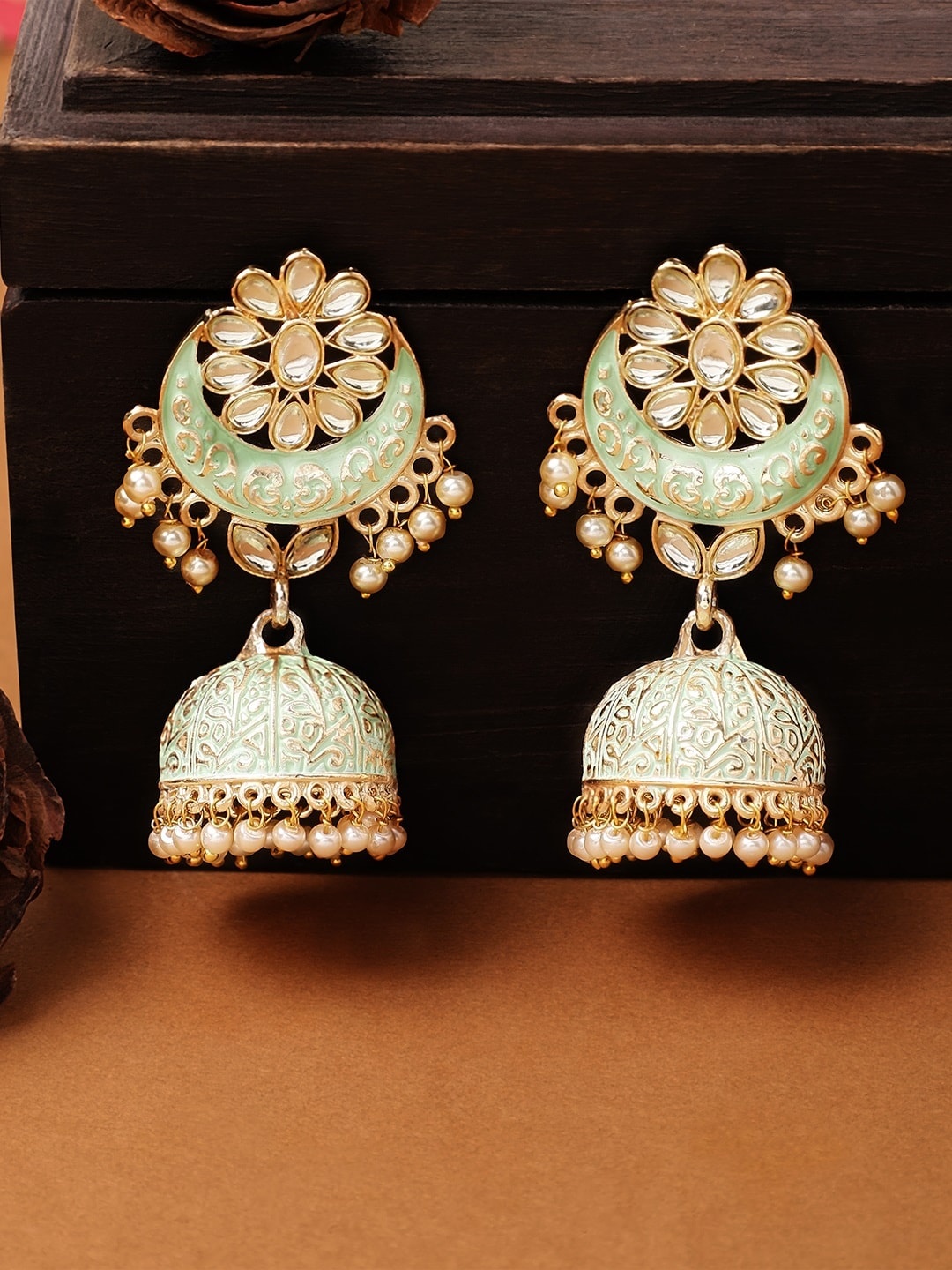

Rubans Gold-Toned & Green Kundan Classic Jhumkas
