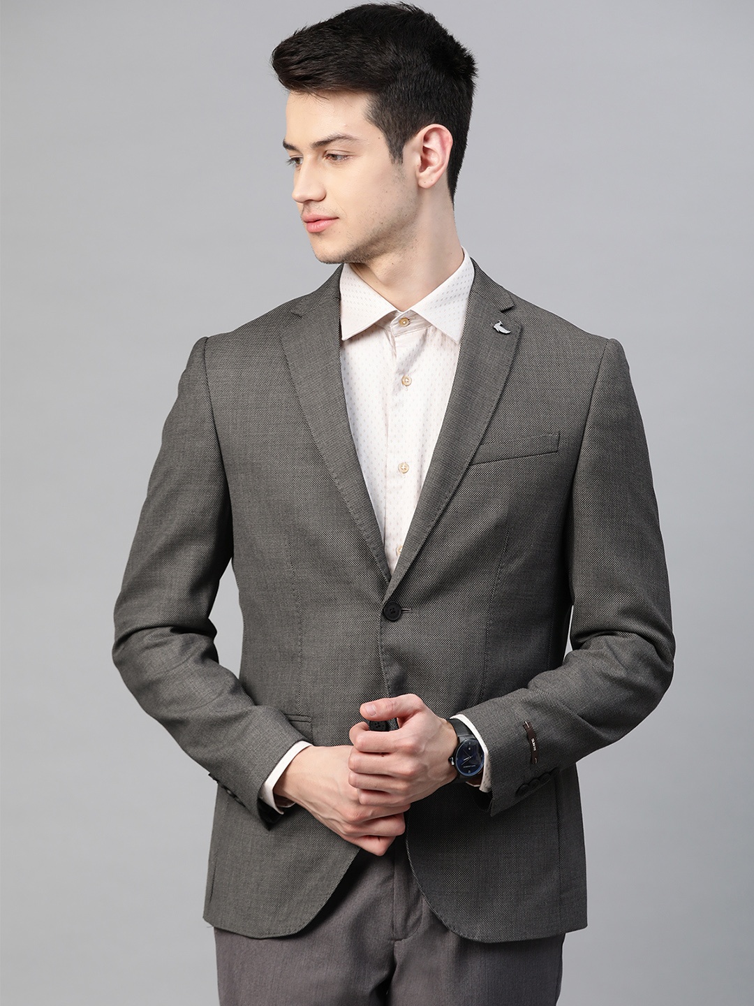 

Blackberrys Men Charcoal Grey Slim Fit Self-Design Single-Breasted Formal Blazer