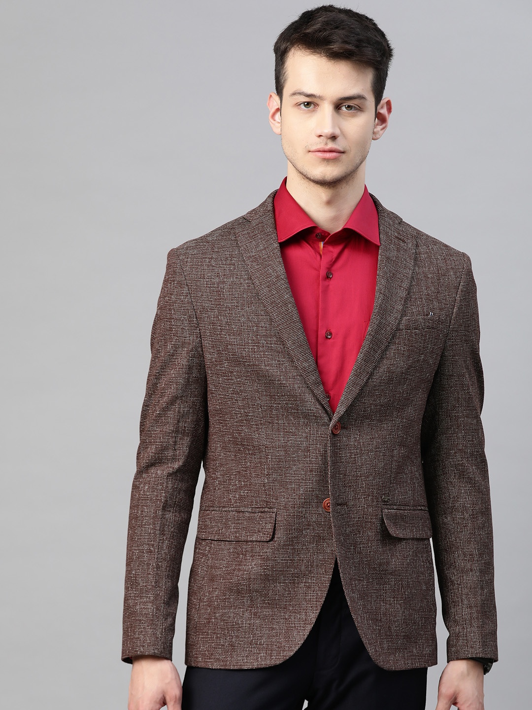 

Blackberrys Men Coffee Brown & White Self-Checked Slim Fit Single-Breasted Blazer