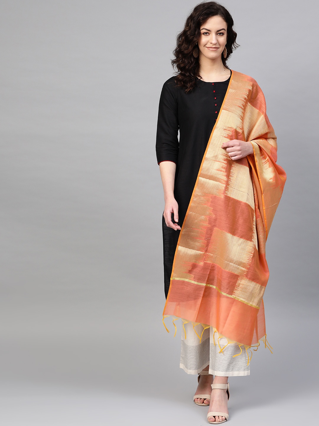 

PINKSKY Peach-Coloured & Golden Ikat Woven Design Dupatta