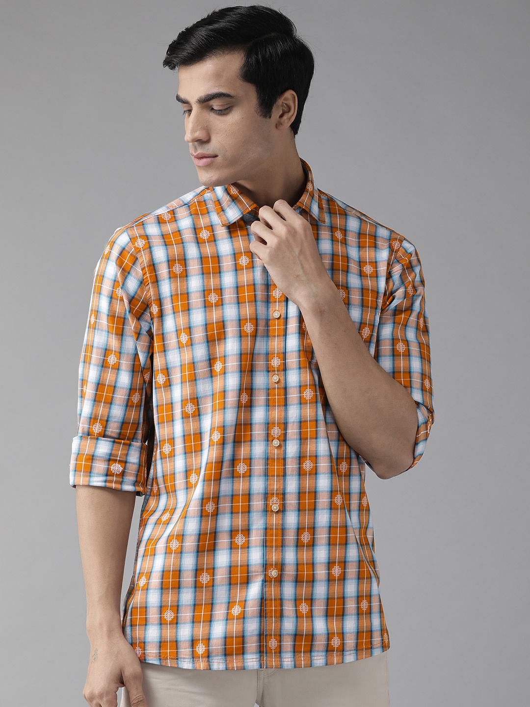 

Blackberrys Men Orange & Blue Slim Fit Checked Casual Shirt