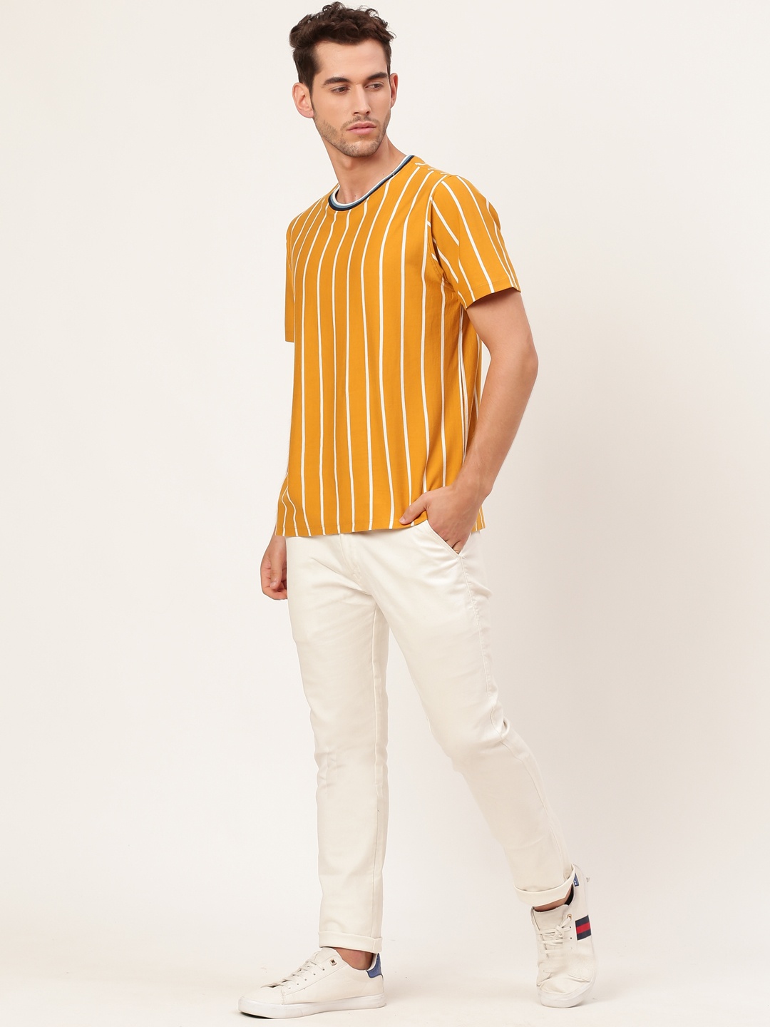 

Mast Harbour Men Mustard Yellow and White Striped Round Neck Pure Cotton T-shirt