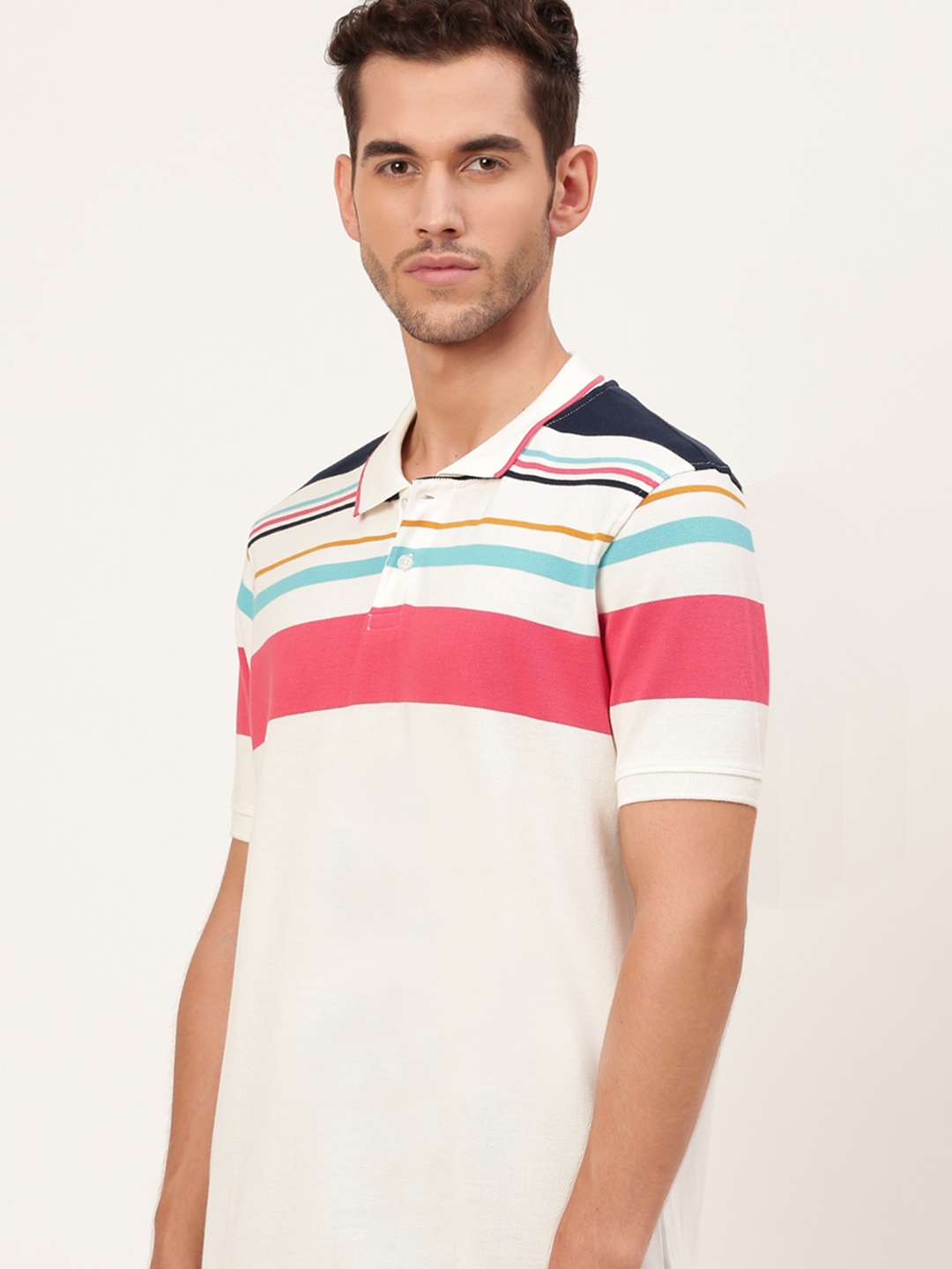 

Mast and Harbour Men White Striped Detail Yarn Dyed Polo Collar Pure Cotton T-shirt