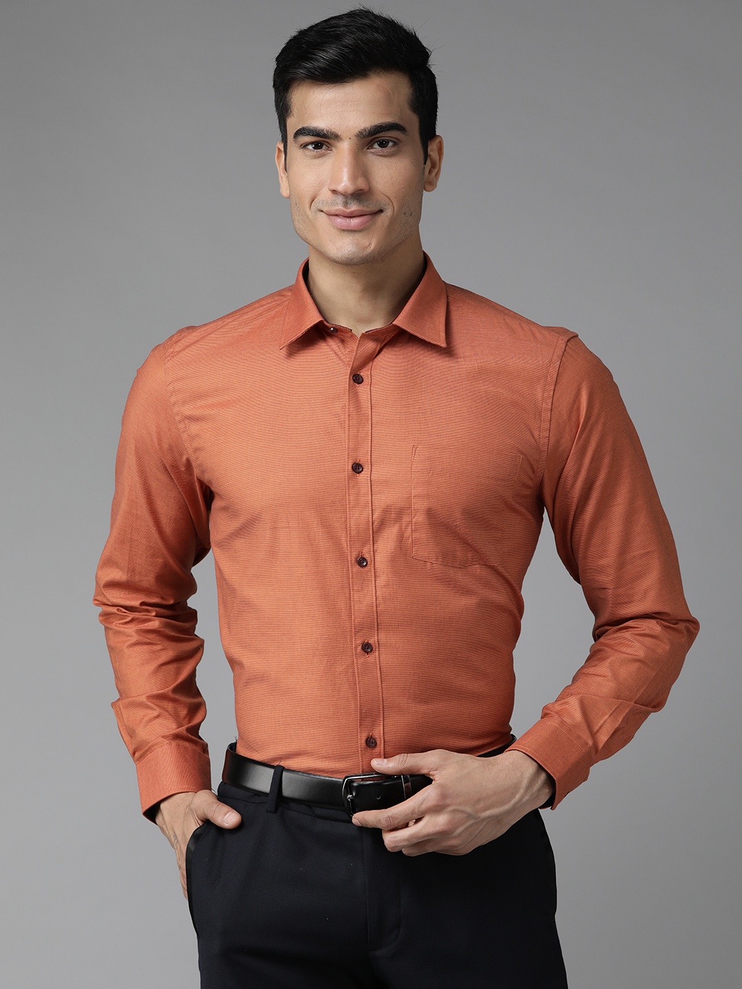 

Blackberrys Men Rust Orange Slim Fit Self-Striped Formal Shirt