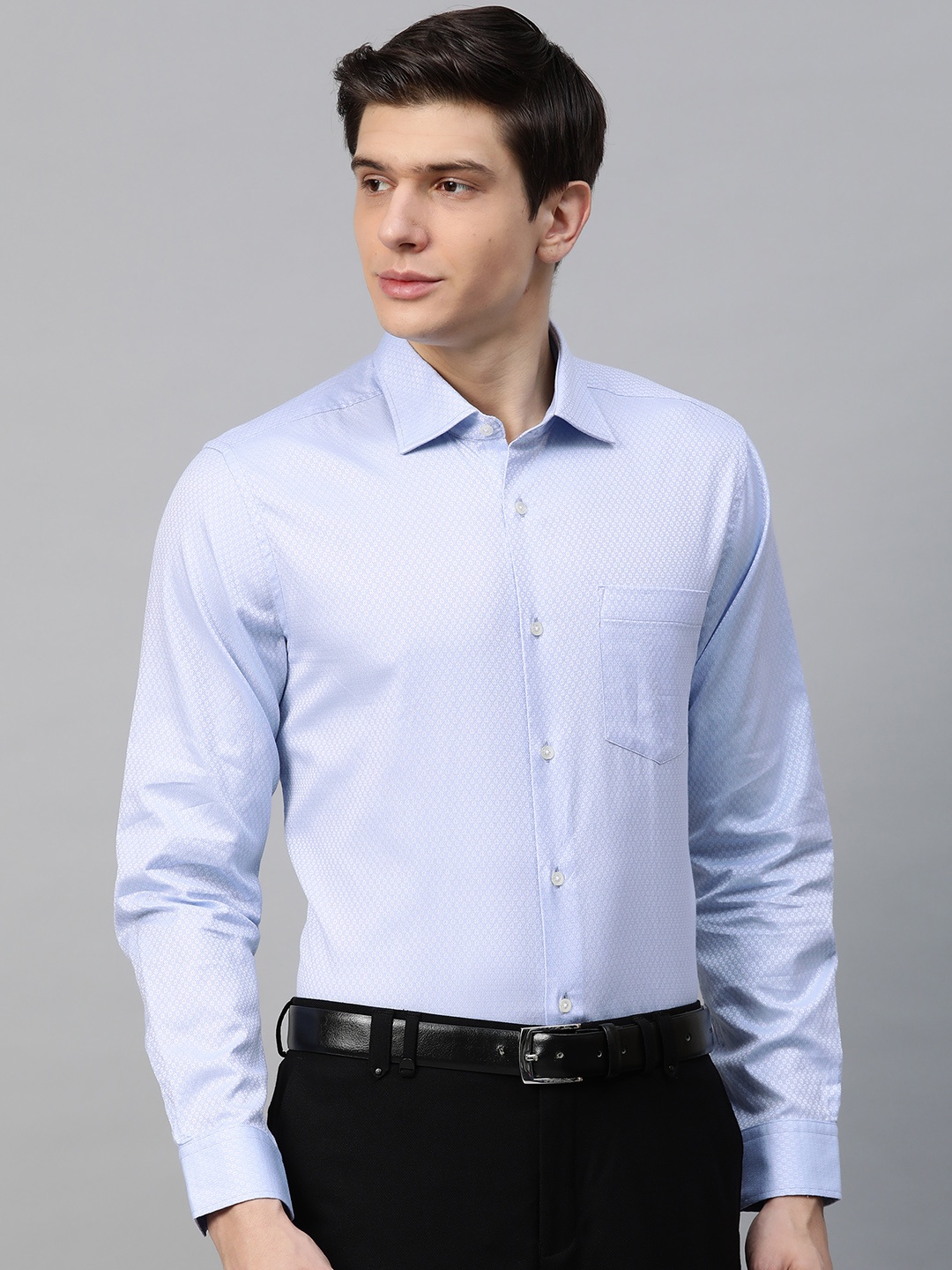 

Blackberrys Men Blue & White 2 Ply Ultra Slim Fit Ditsy Self Design Formal Shirt