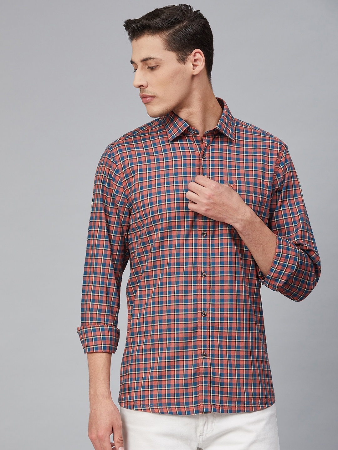 

Blackberrys Men Coral Orange & Blue Slim Fit Checked Casual Shirt