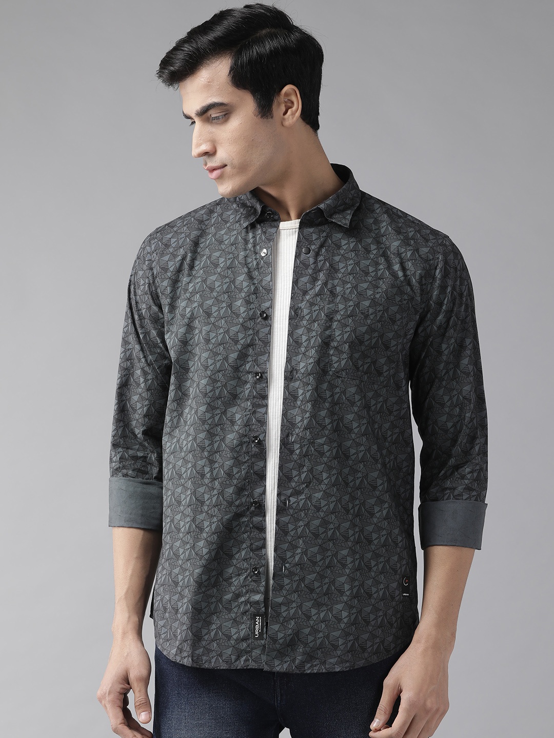 

Blackberrys Men Charcoal Grey & Black Trim Fit Printed Casual Shirt