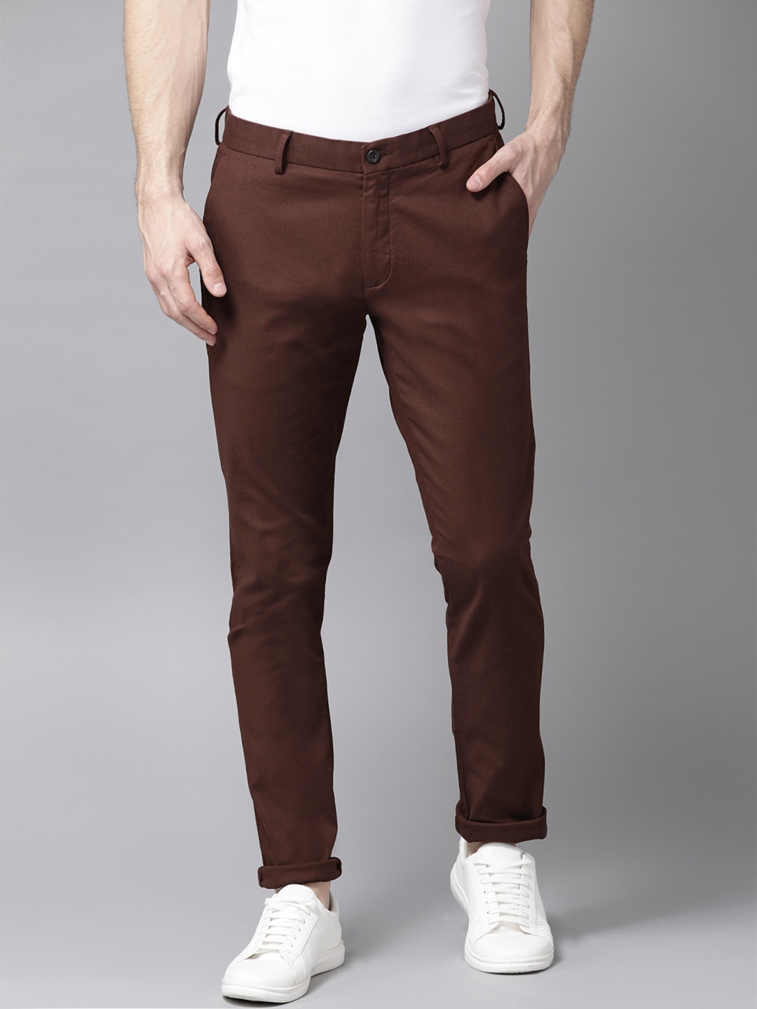 

Blackberrys Men Rust Brown Sharp Regular Fit Self Design Trousers
