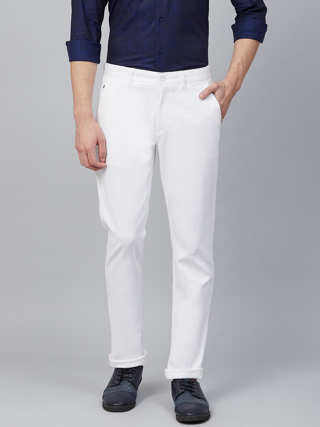 

Blackberrys Men White Sharp Fit Self Design Regular Trousers
