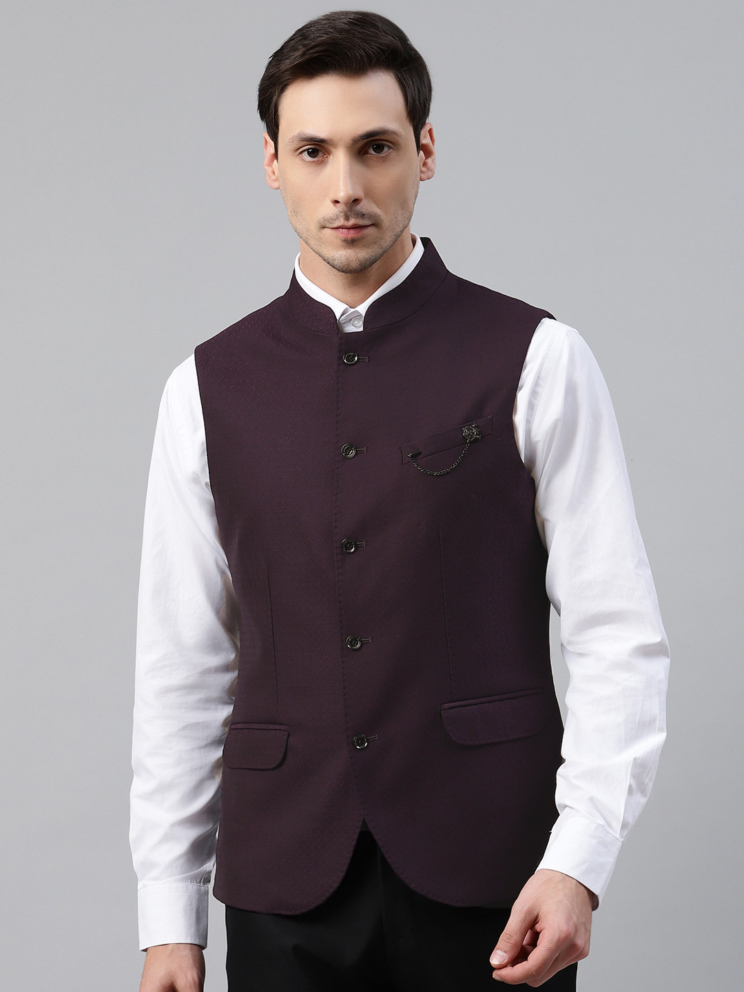 

Blackberrys Men Purple Slim Fit Solid Smart Casual Nehru Jacket with Brooch