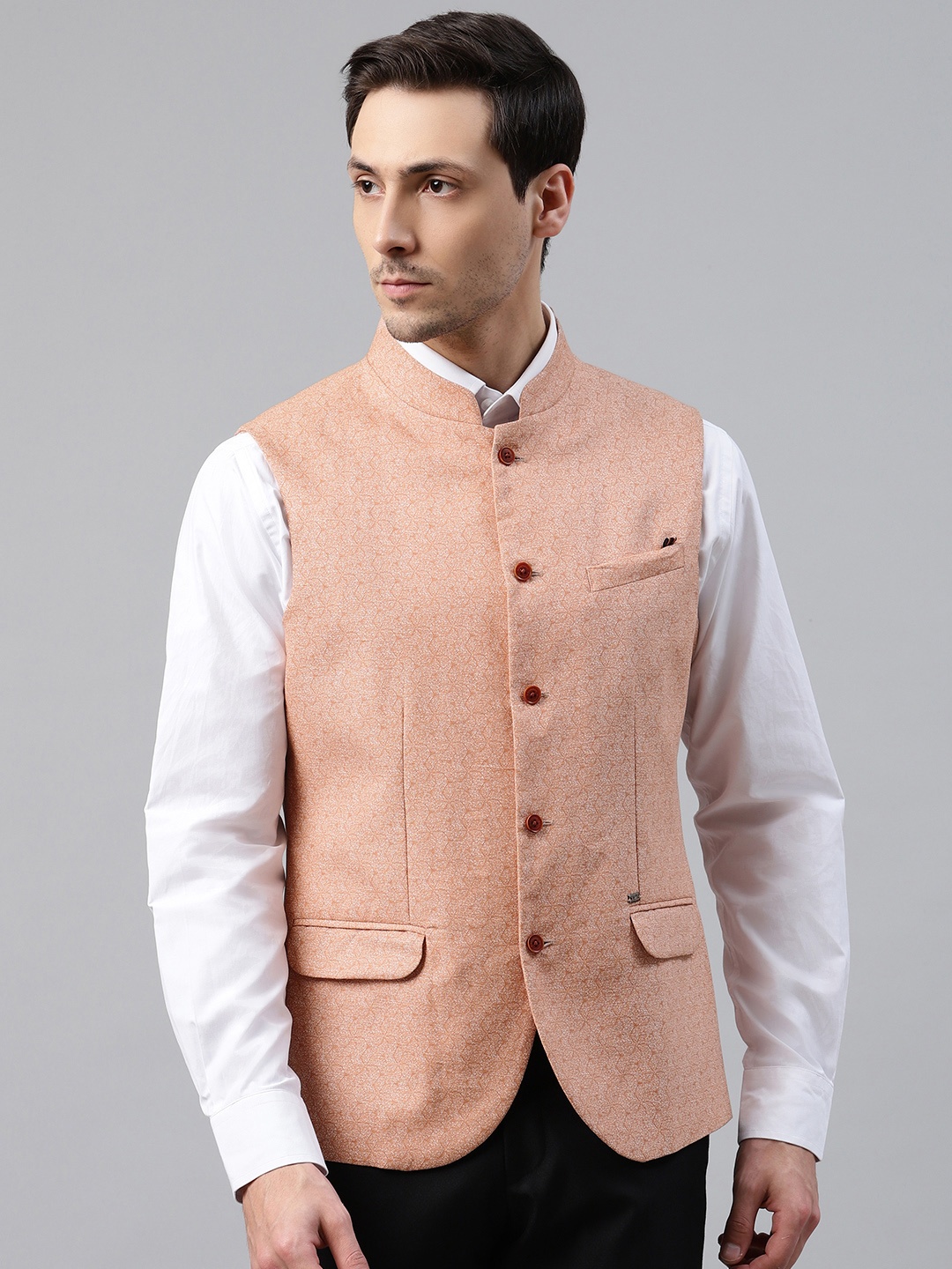 

Blackberrys Men Peach-Coloured & White Slim Fit Printed Smart Casual Nehru Jacket