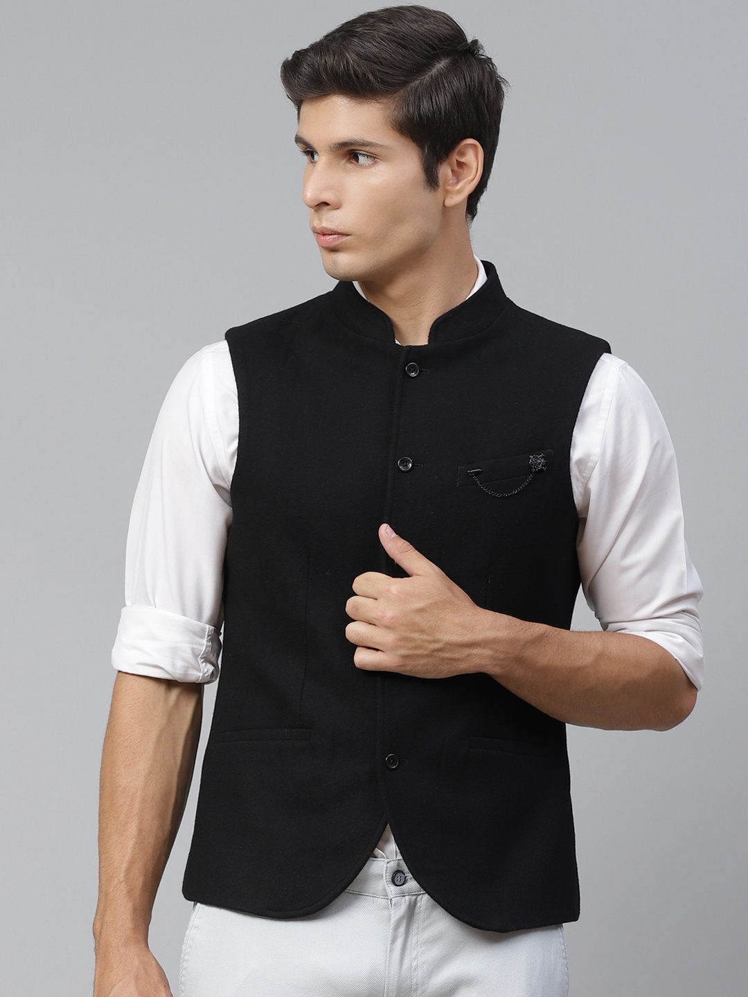 

Blackberrys Men Black Solid Single-Breasted Waistcoat