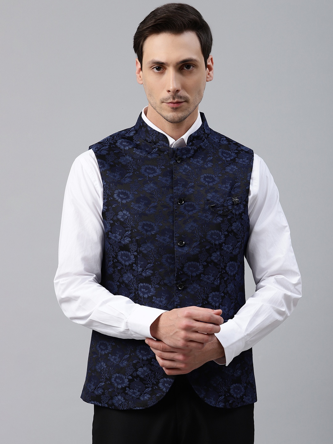 

Blackberrys Men Black & Navy Blue Floral Woven Design Slim Fit Nehru Jacket with Brooch