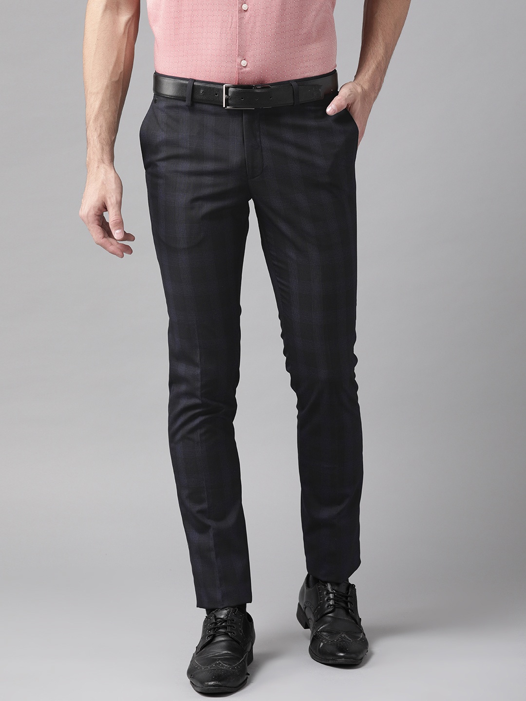 

Blackberrys Men Black & Navy Blue Sharp Fit Checked Formal Trousers