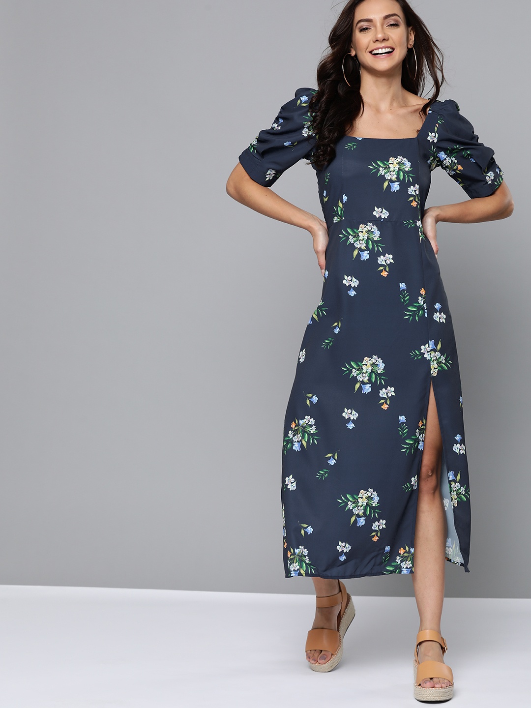 

Mast & Harbour Women Navy Blue & Green Floral Printed A-Line Dress