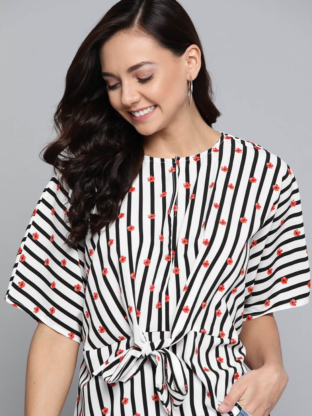 

Mast & Harbour Women Off-White & Black Striped Cinched Waist Top