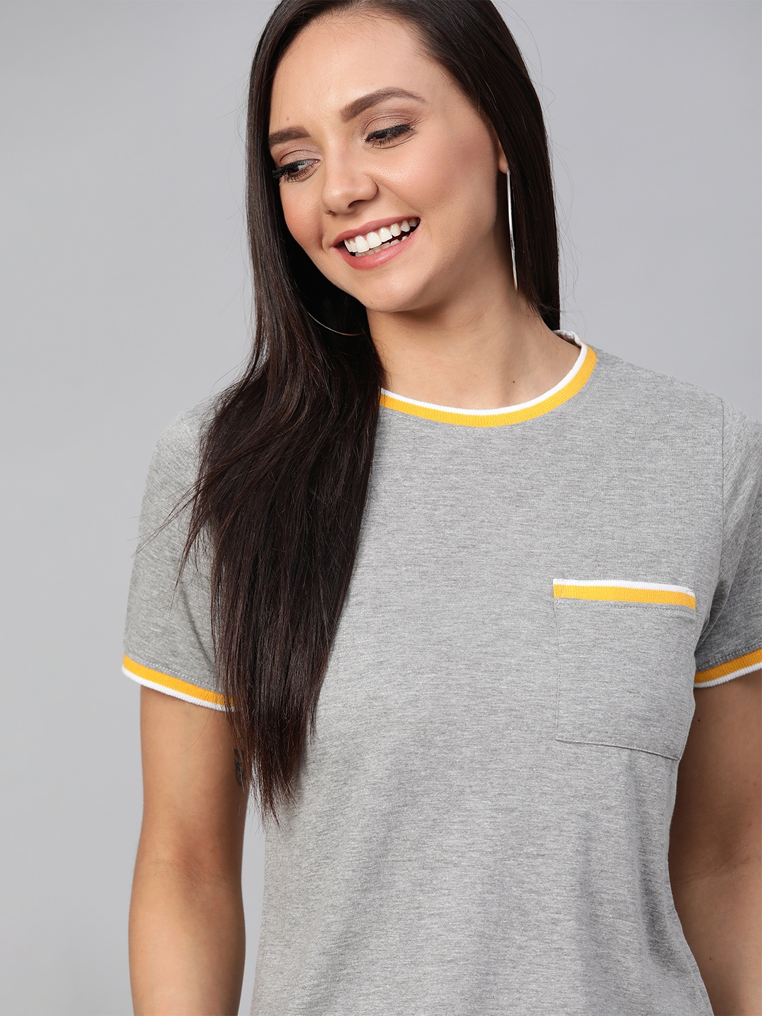 

Mast & Harbour Women Grey Melange Solid Round Neck T-shirt