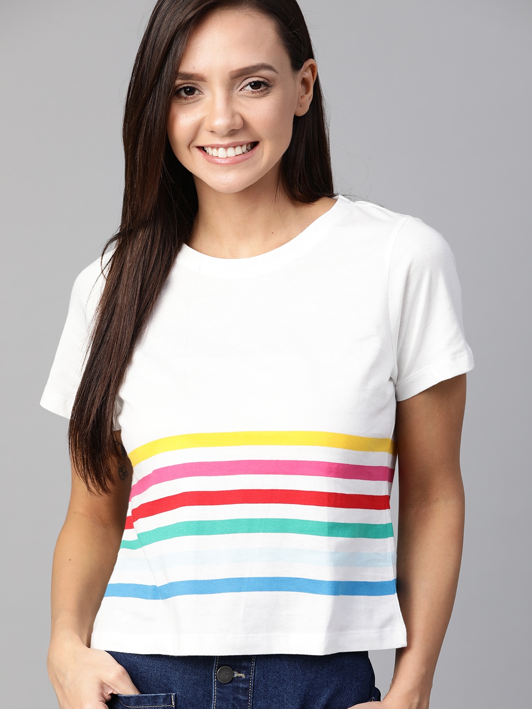

Mast Harbour Women White Multi Striped Round Neck Pure Cotton T-shirt
