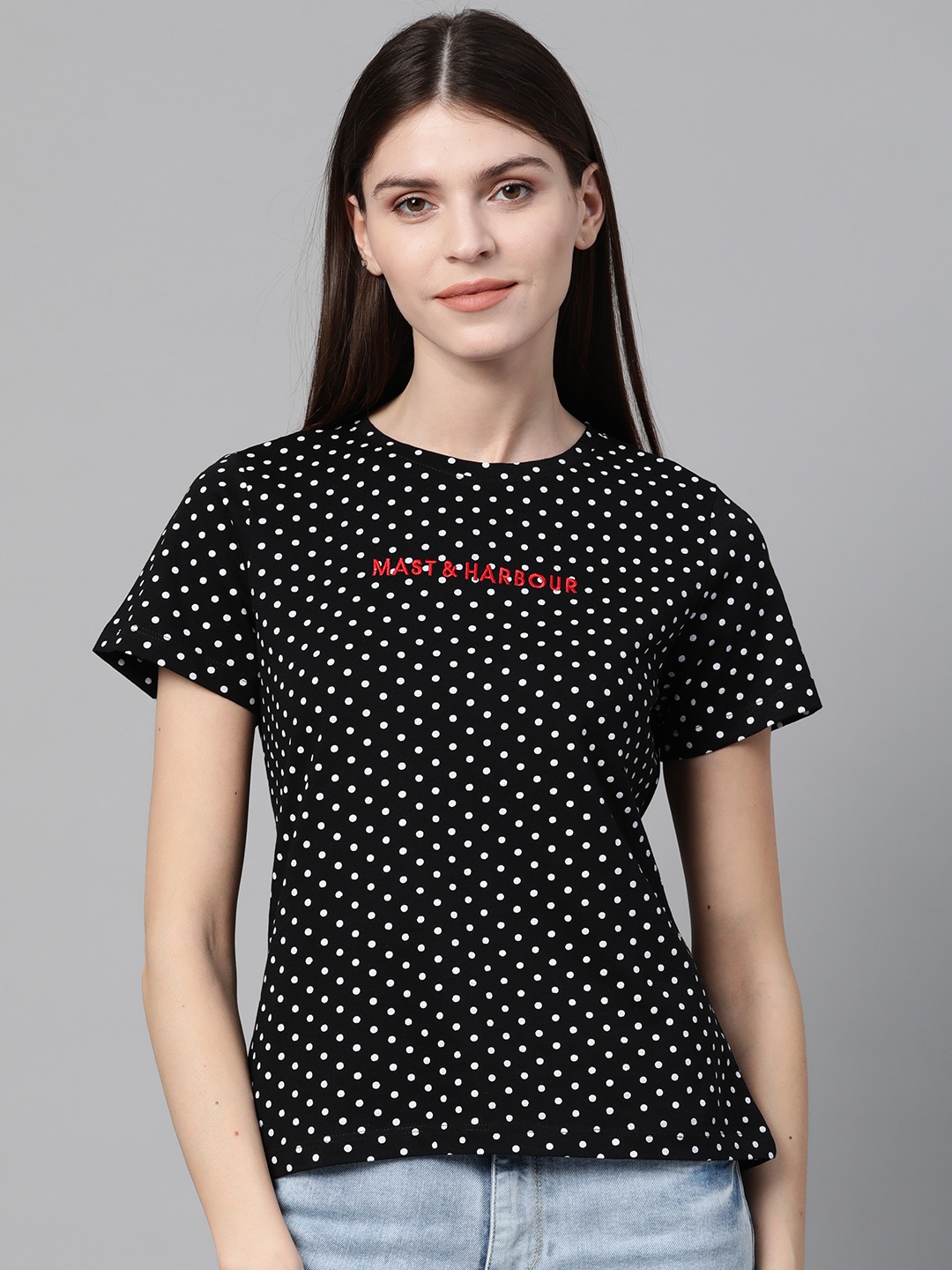 

Mast & Harbour Women Black & White Printed Round Neck T-shirt