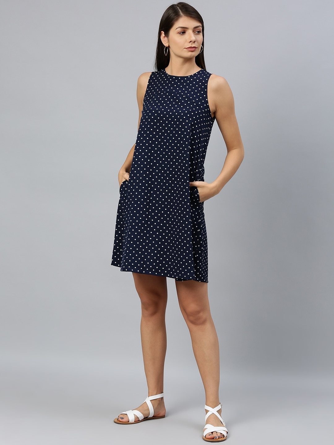 

Chemistry Women Navy Blue & White Polka Dots Printed A-Line Dress