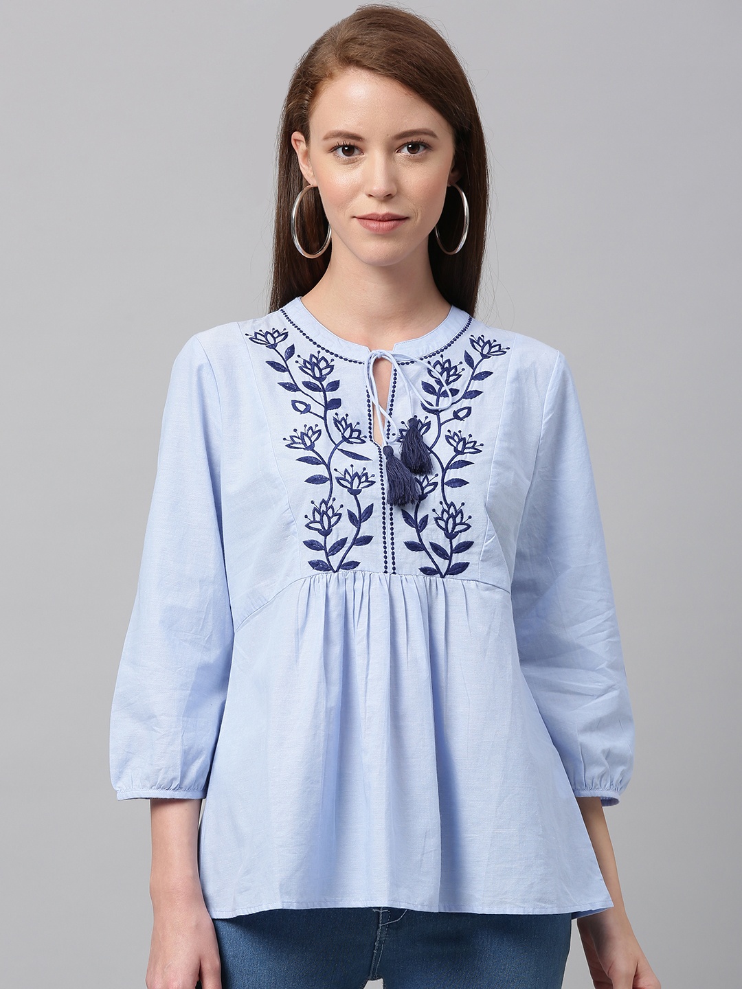 

Chemistry Women Blue Embroidered Gathered A-Line Pure Cotton Top