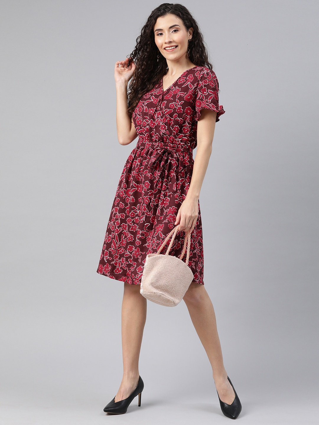 

Chemistry Women Burgundy & Red Floral Print Wrap Dress