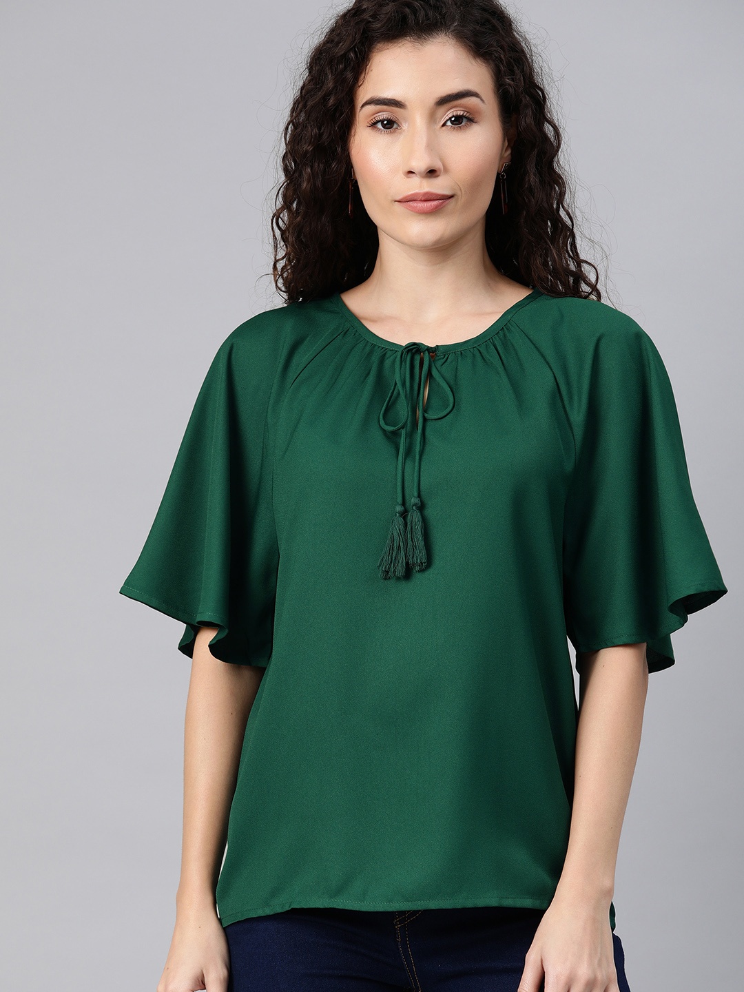 

Chemistry Women Green Solid Woven Tie-Up Neck Top