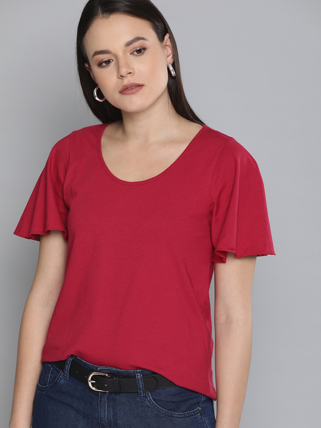 

Chemistry Women Red Solid Pure Cotton Top With Flutter Sleeves