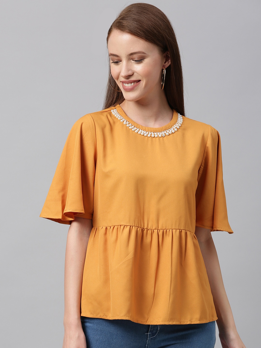 

Chemistry Women Mustard Yellow Solid Jewel Neck Gathered Peplum Top