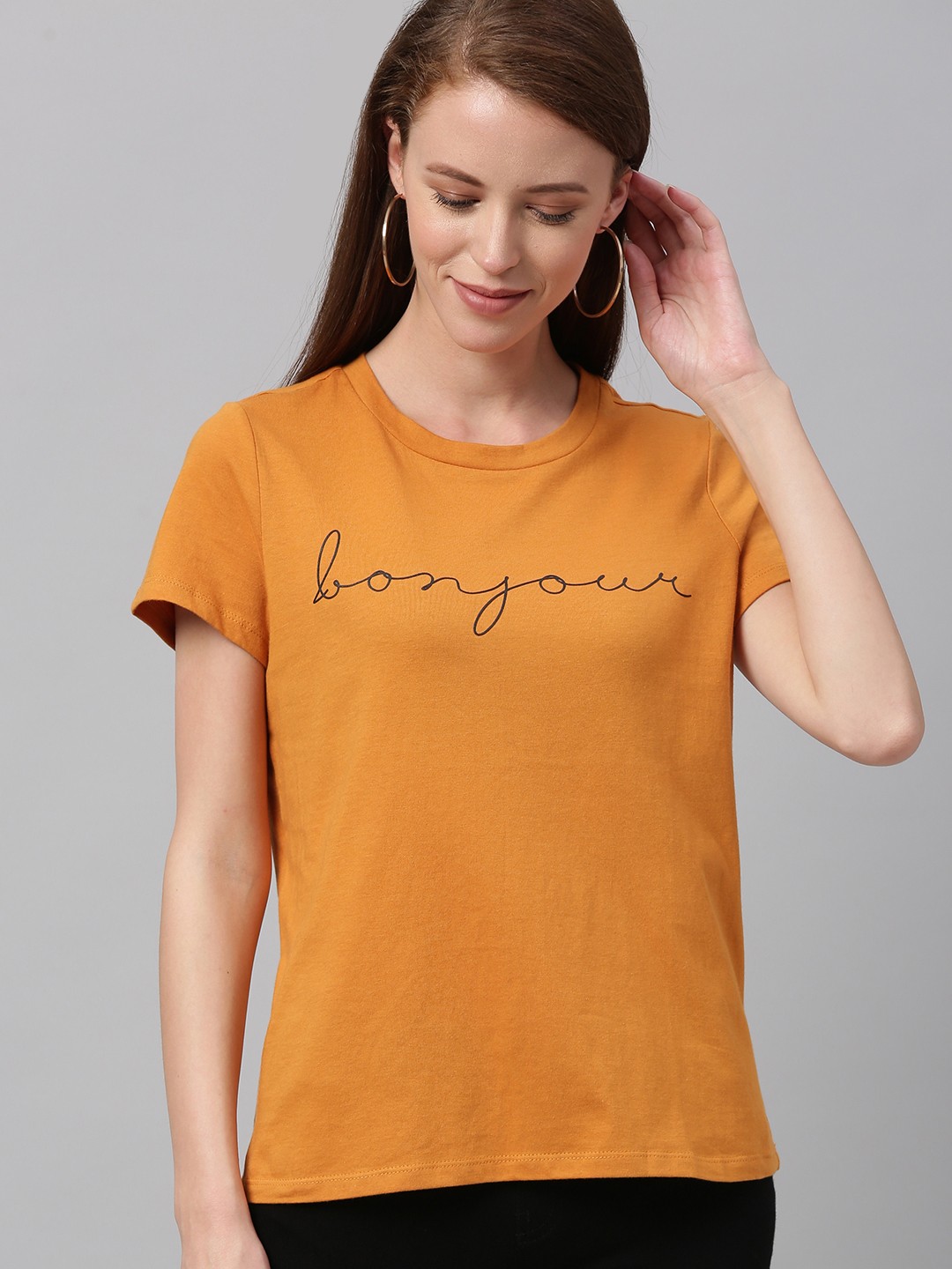 

Chemistry Women Mustard Yellow Printed Round Neck Pure Cotton T-shirt