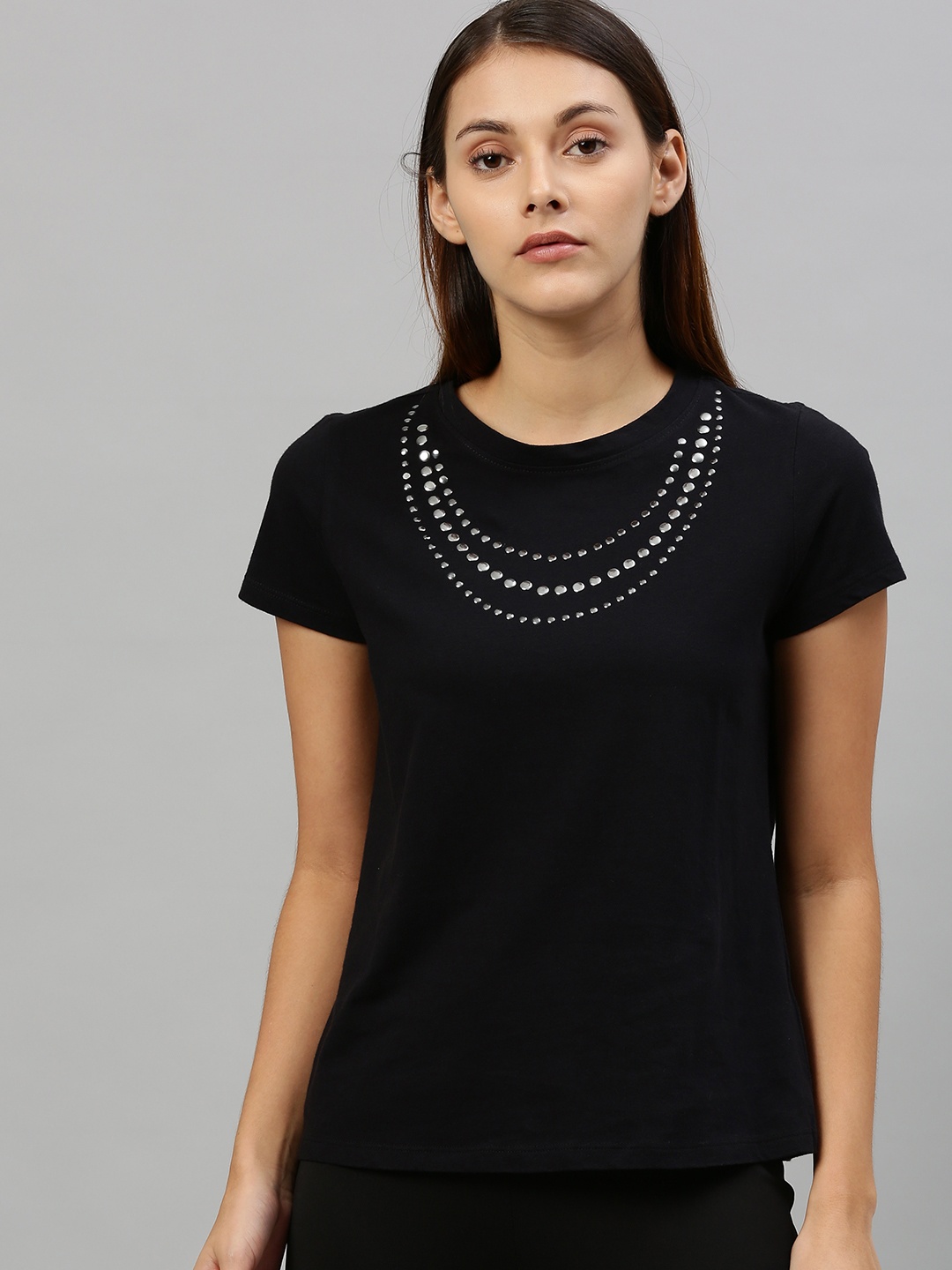 

Chemistry Women Black Embellished Round Neck Pure Cotton T-shirt