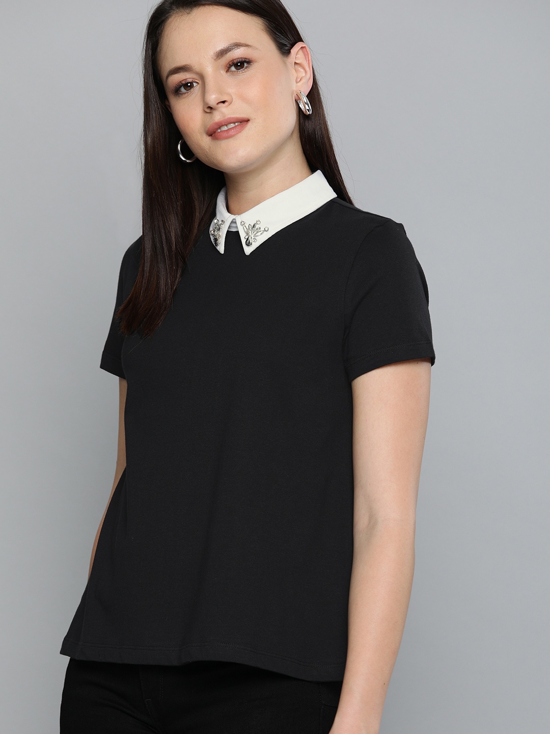 

Chemistry Black Pure Cotton Top With Jewel Neck