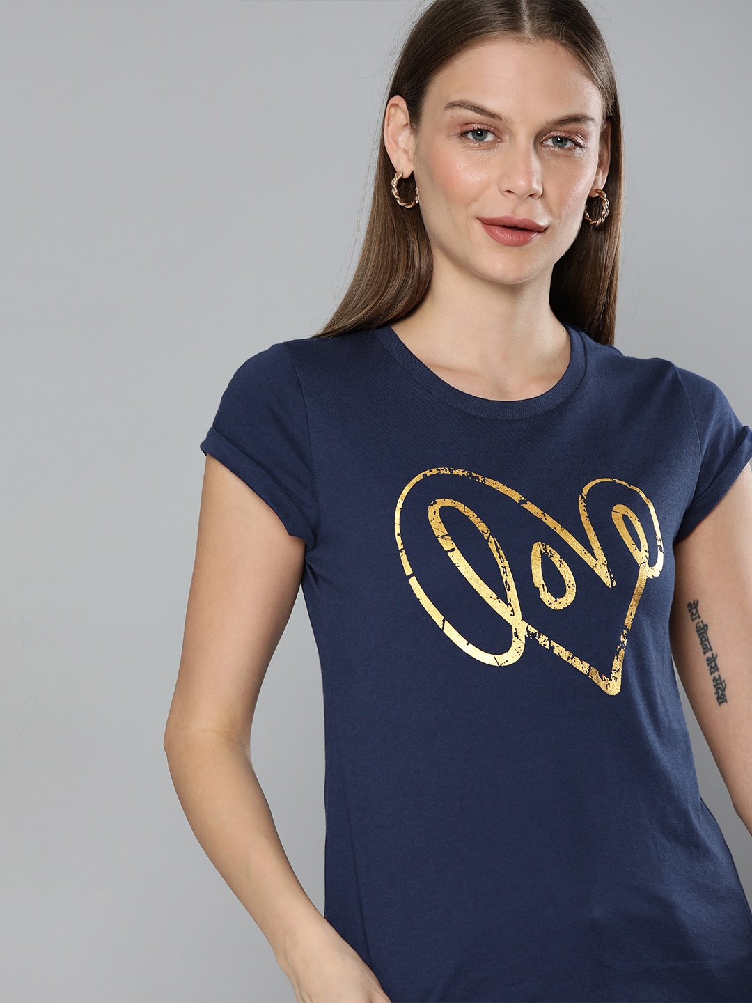 

Chemistry Women Navy Blue Printed Round Neck Pure Cotton T-shirt