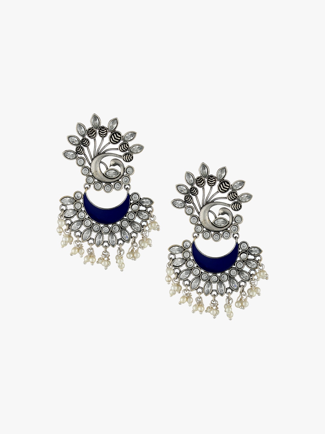 

Adwitiya Collection Silver-Plated & Blue Peacock Shaped Oxidised Drop Earrings