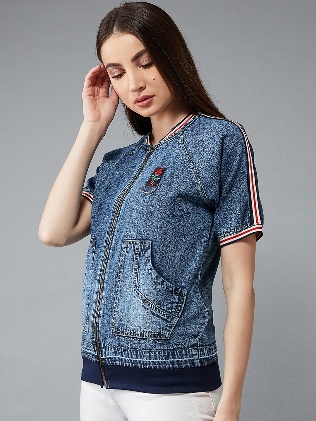 

DOLCE CRUDO Women Navy Blue Solid Denim Jacket