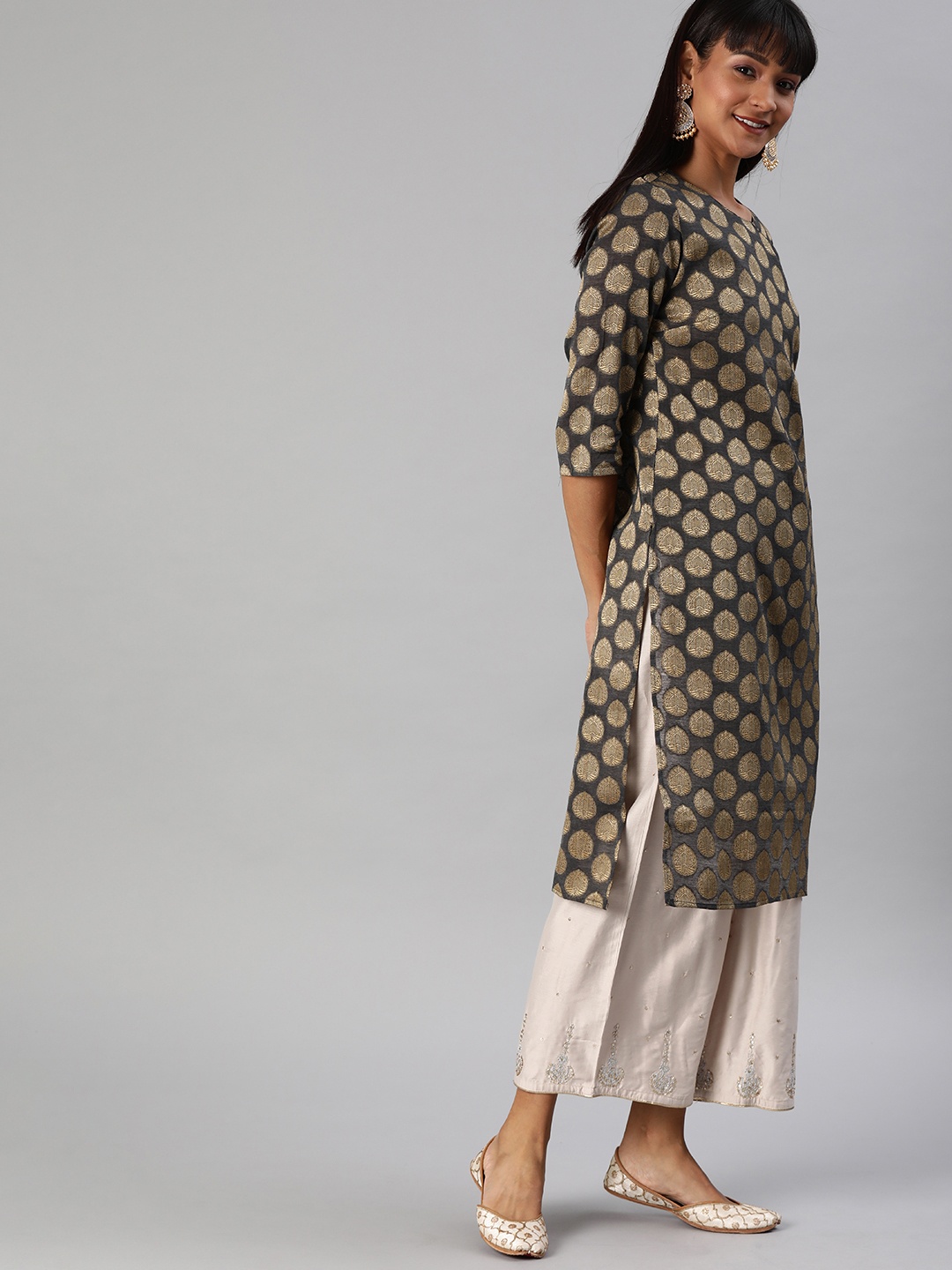

Anouk Women Grey & Gold-Toned Woven Design Straight Kurta