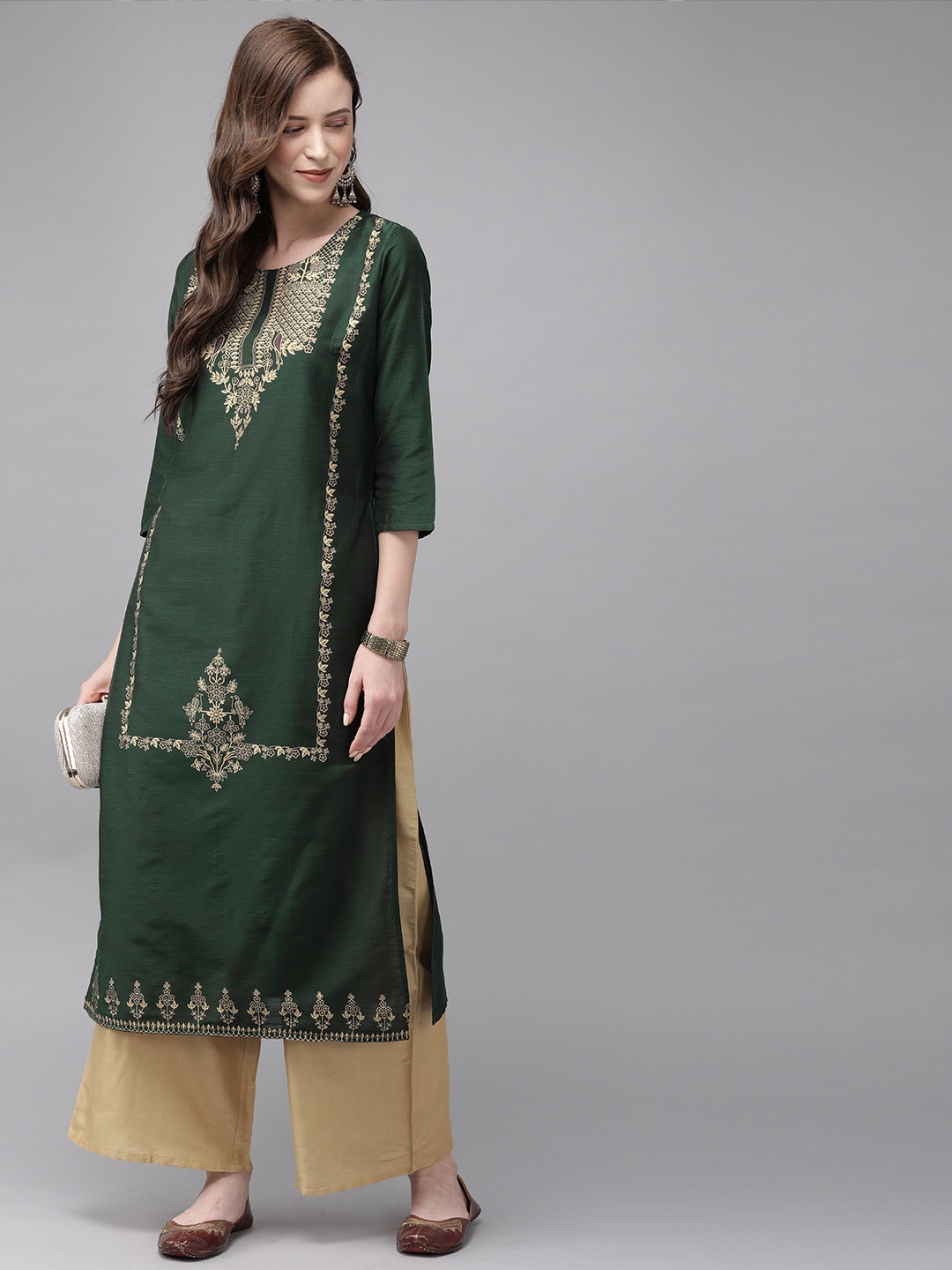 

Anouk Women Green & Beige Yoke Design Kurta with Palazzos