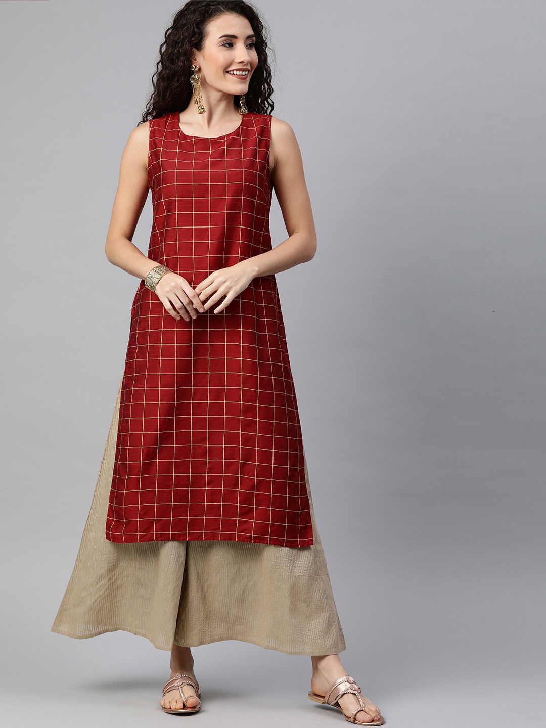 

Anouk Women Maroon & Gold-Toned Checked Straight Kurta
