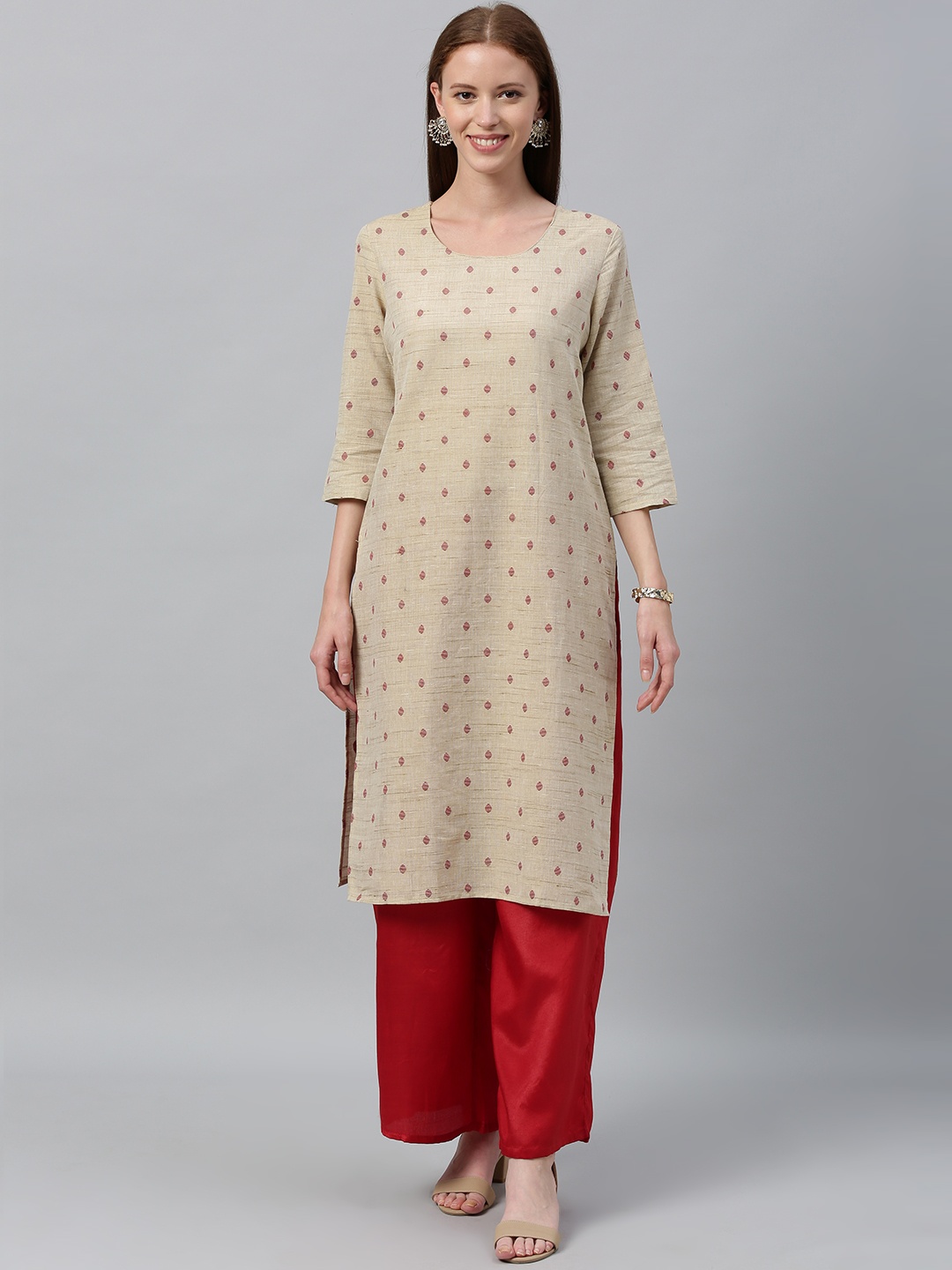 

Anouk Women Beige & Maroon Woven Design Kurta with Palazzos