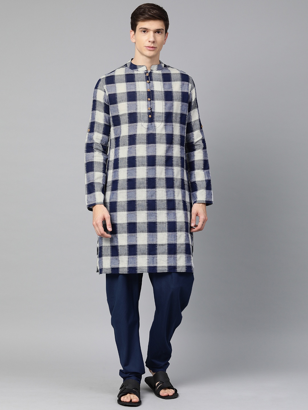 

Anouk Men Navy Blue & Off-White Checked Kurta with Churidar