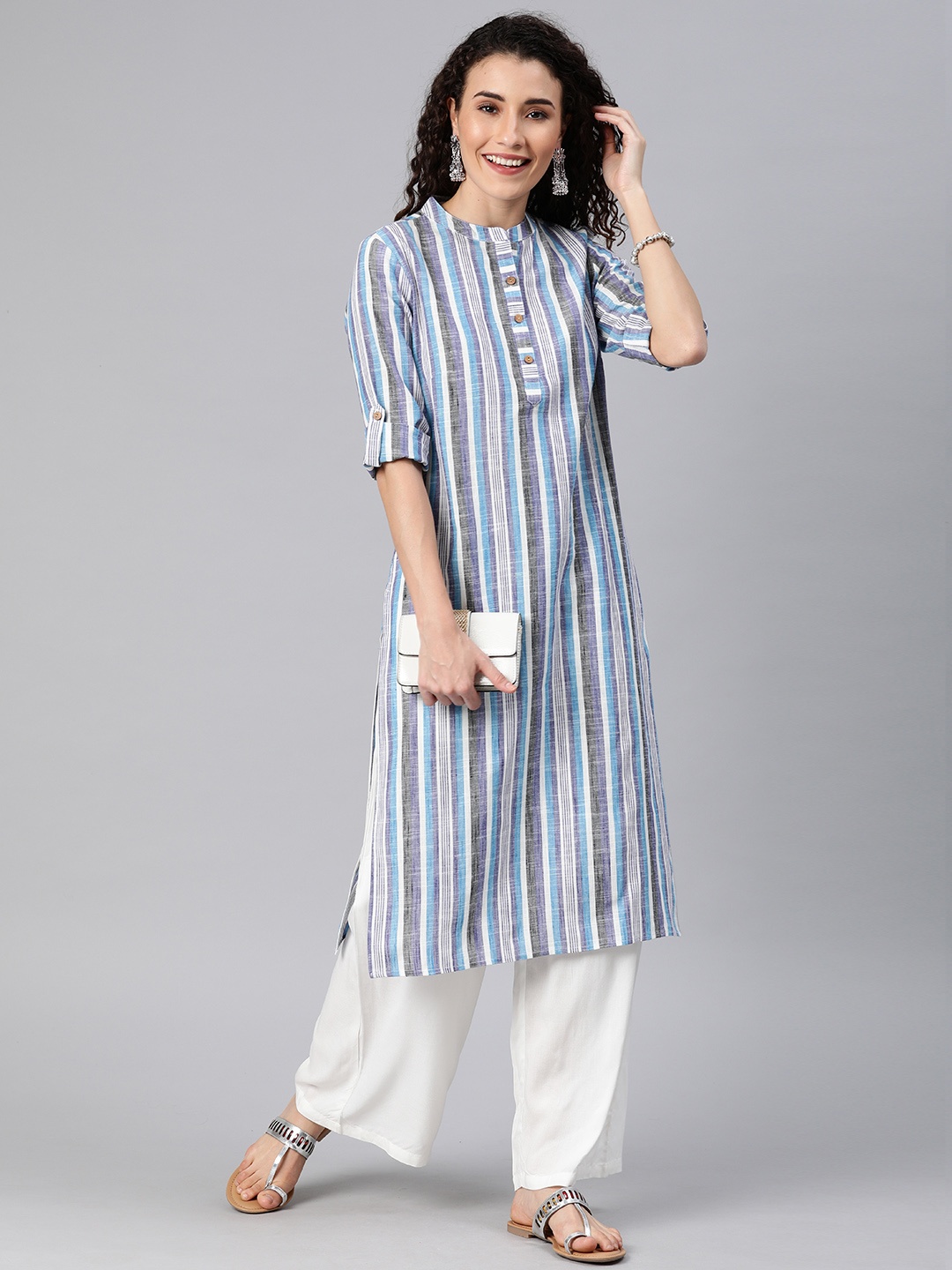 

Anouk Women Blue & White Striped Straight Kurta