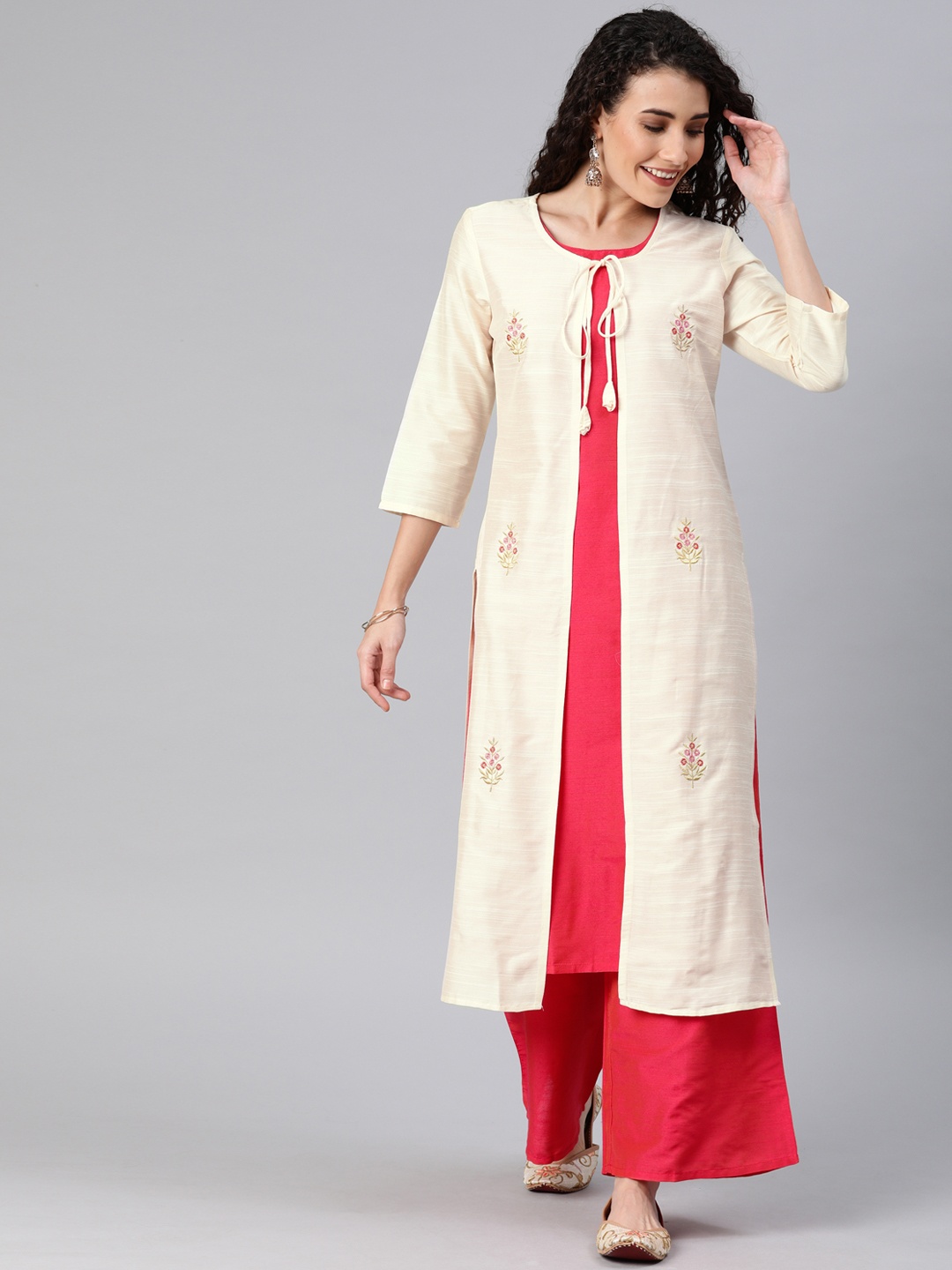 

Anouk Women Off-White & Pink Embroidered Layered Kurta with Palazzos