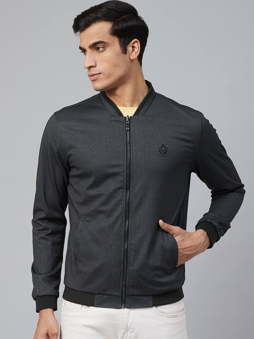 

Blackberrys Men Charcoal Grey Solid Bomber Jacket